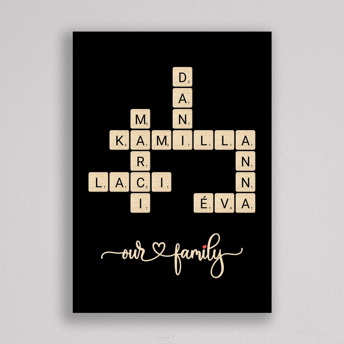 Betűlapos családi névkép keret nélküli nyomatként, fekete alapon világos betűlapok és kézírásos Our Family