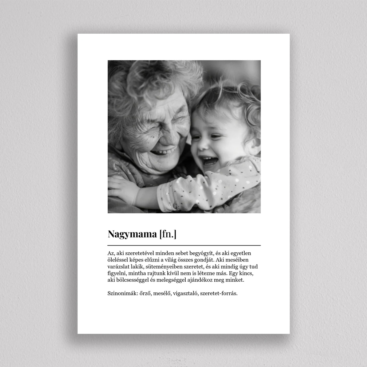 Nagymama definíció fotóval keret nélküli nyomatként, álló elrendezés: fotó fent, alul definíció és szinonimák