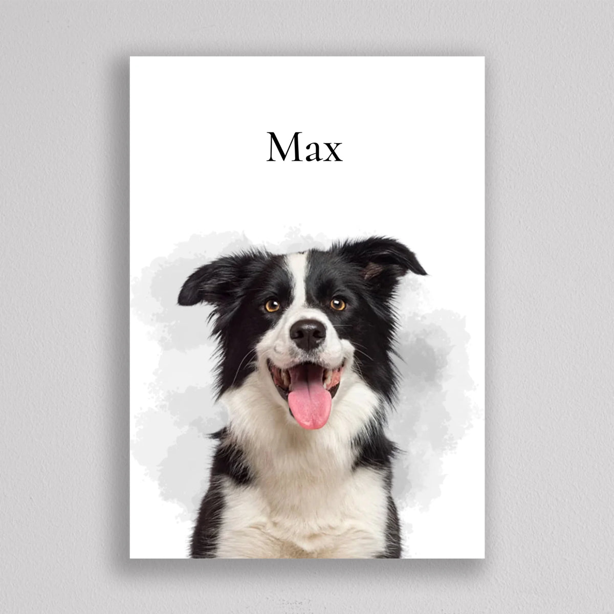 Kutyás falikép saját fotóból keret nélküli nyomatként, border collie szürke akvarell foltok előtt, felette Max név