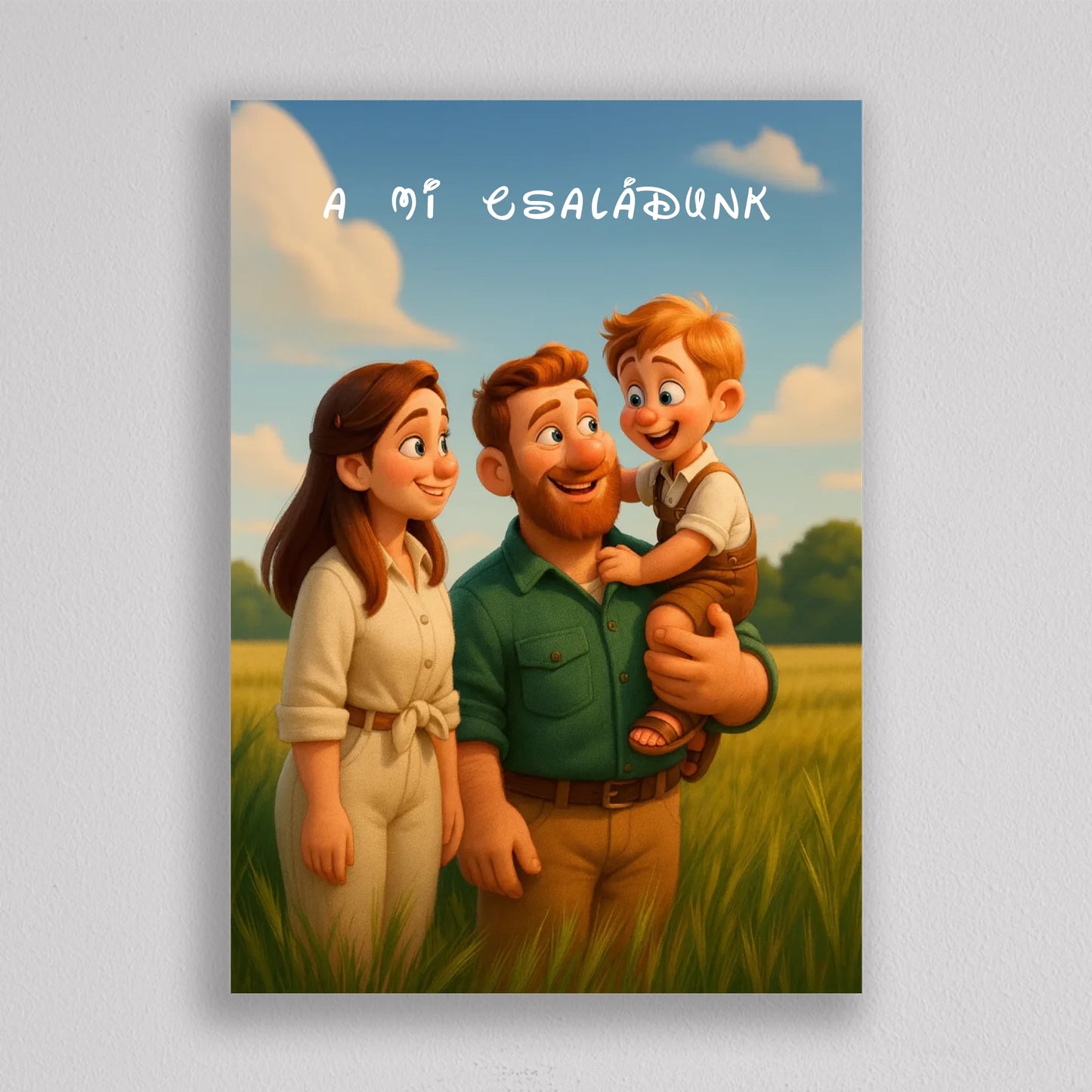 Pixar stílusú családi falikép mesterséges intelligencia (AI) által létrehozott