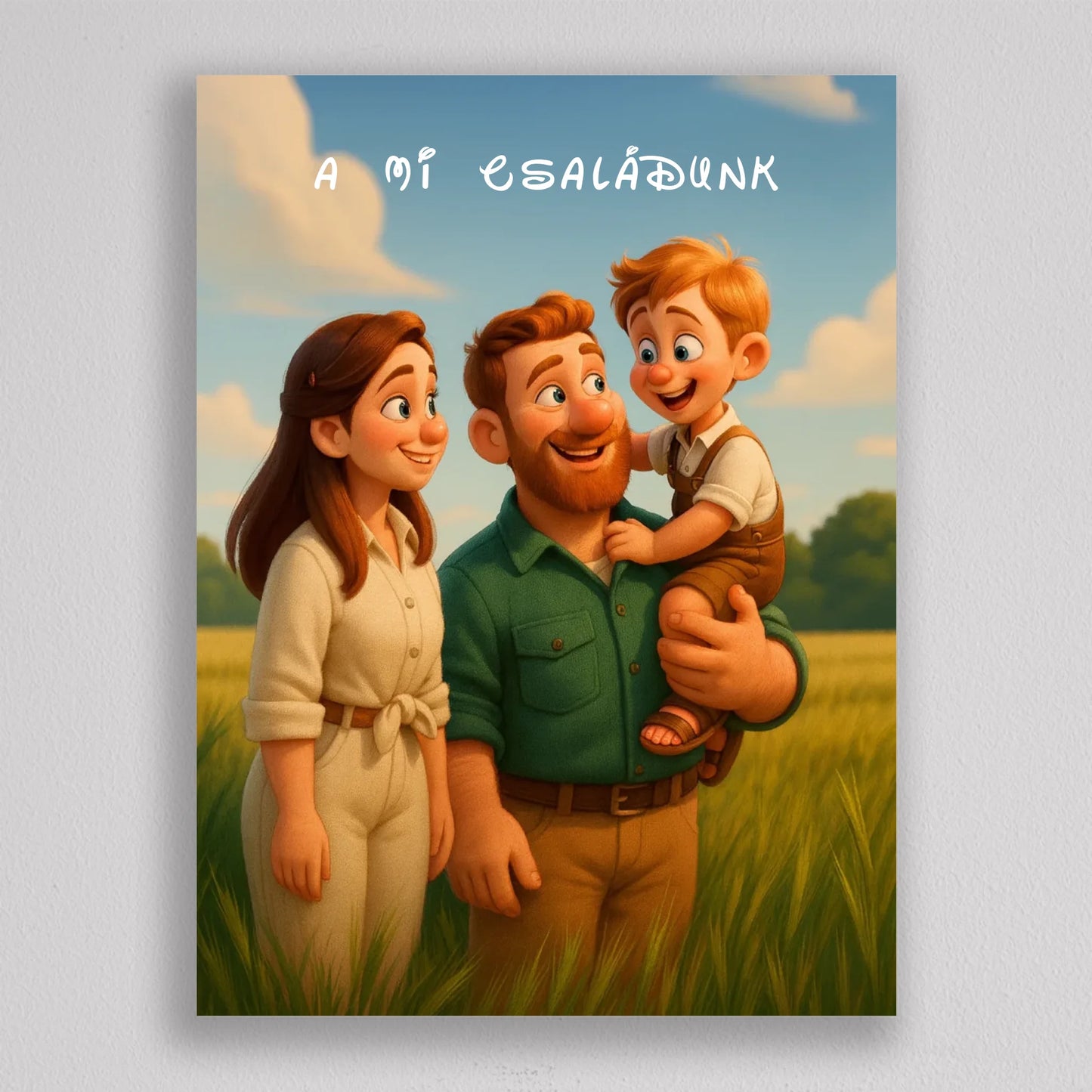 Pixar stílusú családi falikép mesterséges intelligencia (AI) által létrehozott