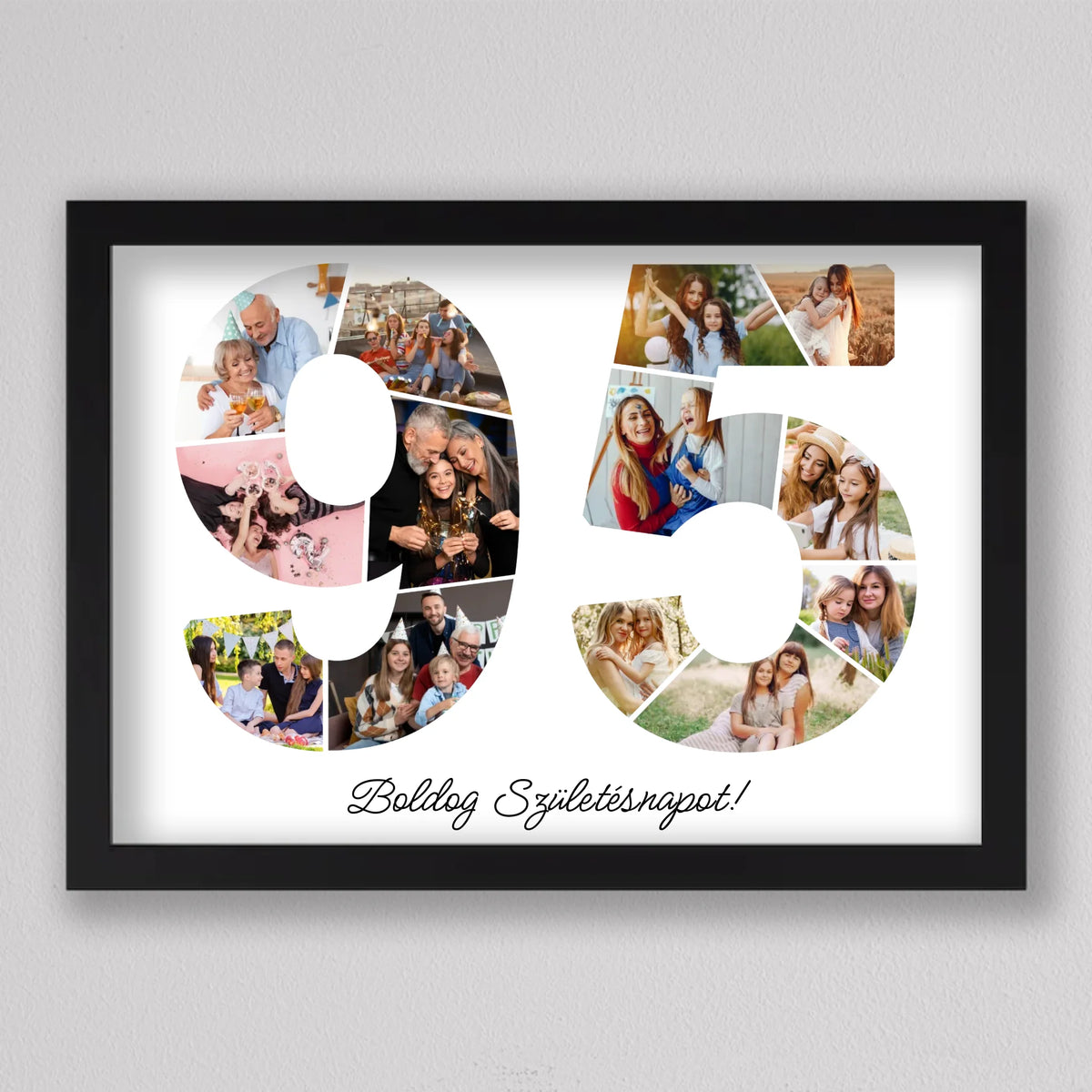95. születésnapi kép fotókból fekete keretben, fekvő elrendezés: 95 fotókból és egy köszöntő