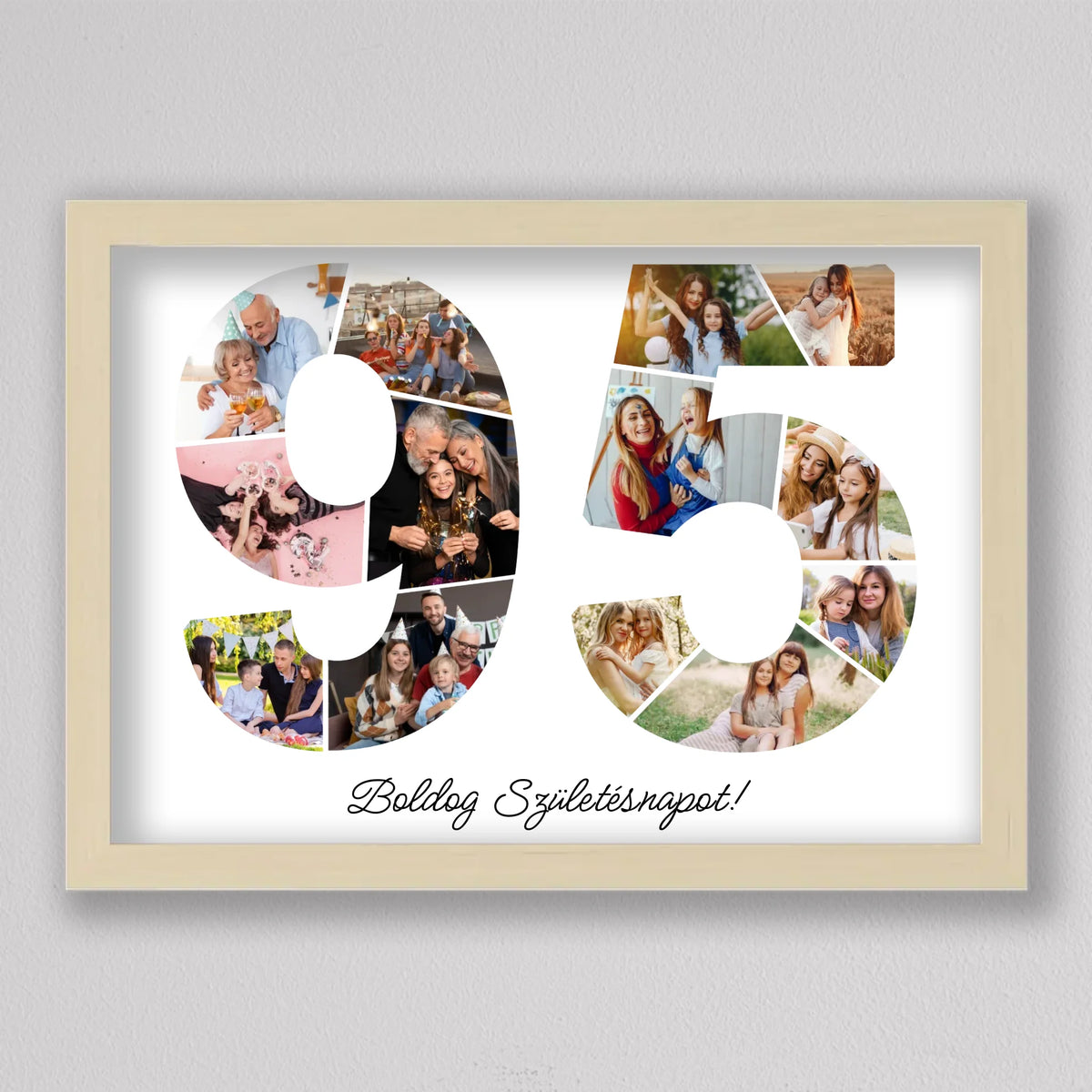 Ajándék 95 éves születésnapra nyírfa hatású keretben, 13 fotó a 95-ös szám formájában, alatta Boldog Születésnapot! felirat