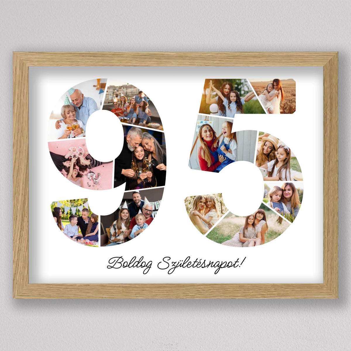 Fotókollázs 95-ös számmal tölgyfa hatású keretben, fekvő elrendezés: 95 fotókból és egy köszöntő