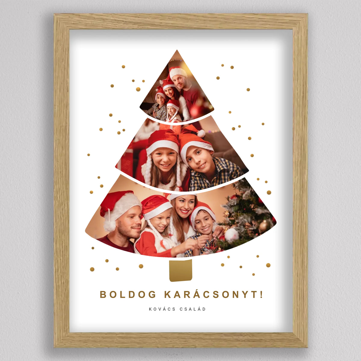Háromszintes karácsonyfa kép fotókból tölgyfa hatású keretben, álló elrendezés: fa három fotóval, alatta két sor