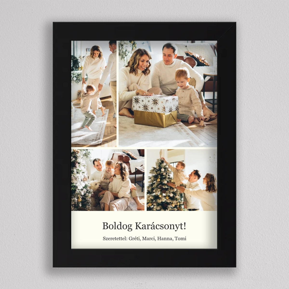Ünnepi fotókollázs 4 képpel fekete keretben, Boldog Karácsonyt! felirat, alatta Szeretettel és nevek