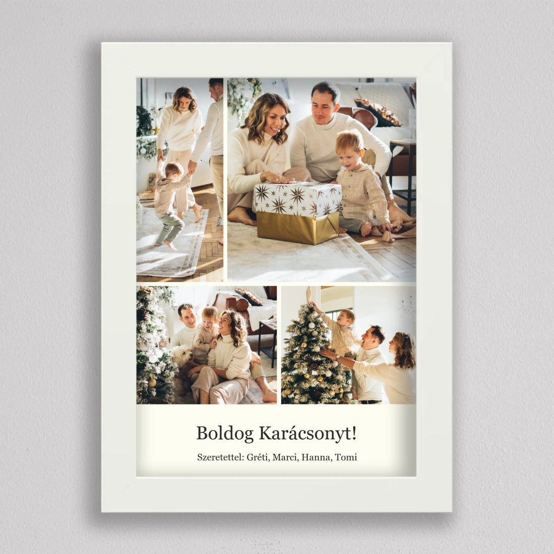 Karácsonyi kép 4 nagy fotóval fehér keretben, 4 nagy családi fotó két sorban, alatta Boldog Karácsonyt! és aláírás