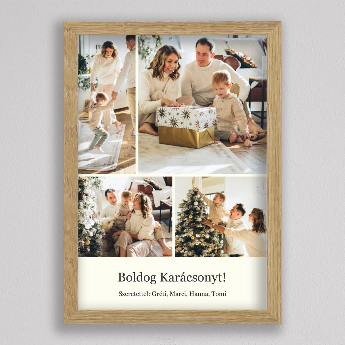 Karácsonyi ajándék nagyszülőknek fotókkal tölgyfa hatású keretben, ajándékbontás és karácsonyfa díszítés a mintafotókon