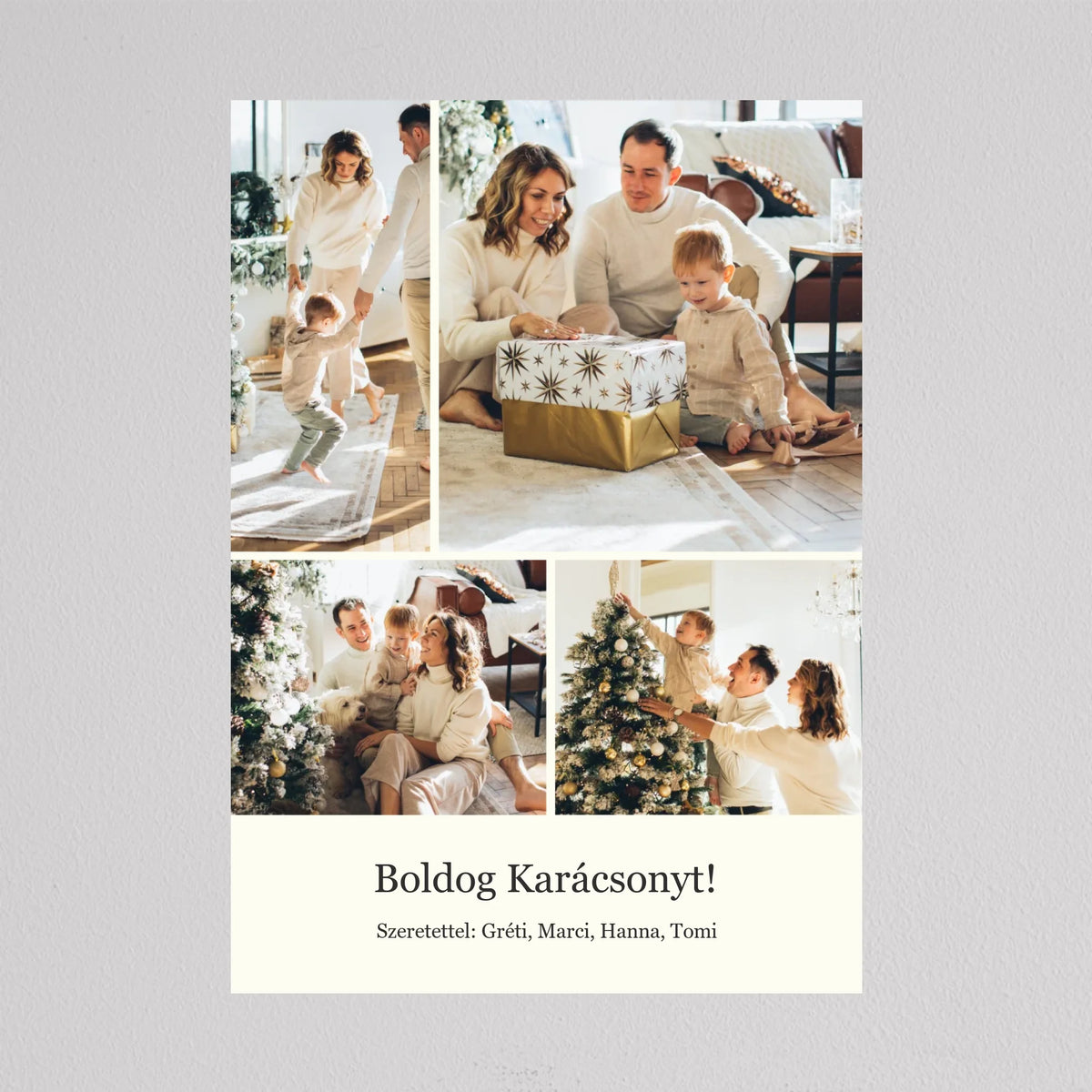 Családi karácsonyi falikép keret nélkül, Boldog Karácsonyt! felirat, alatta Szeretettel és nevek