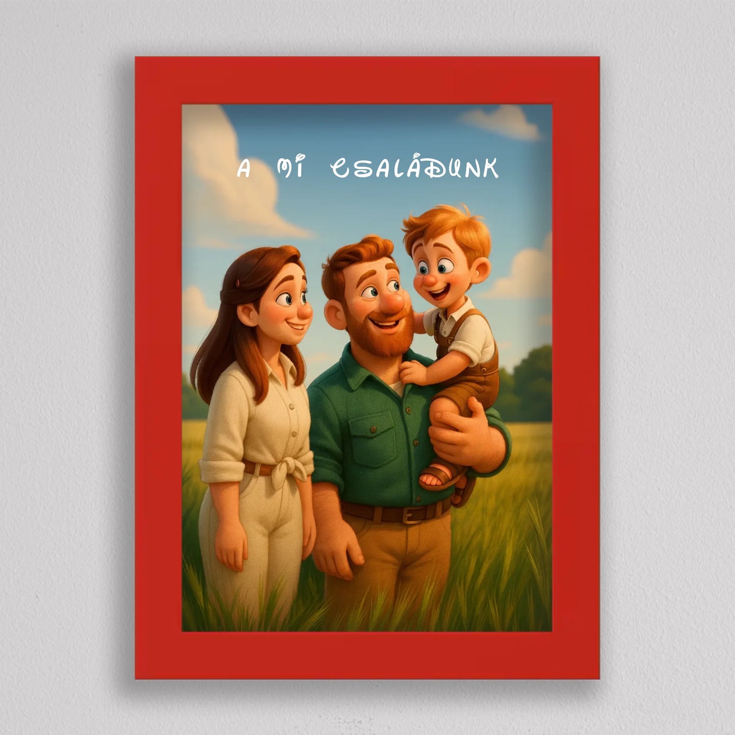 Pixar stílusú családi falikép mesterséges intelligencia (AI) által létrehozott