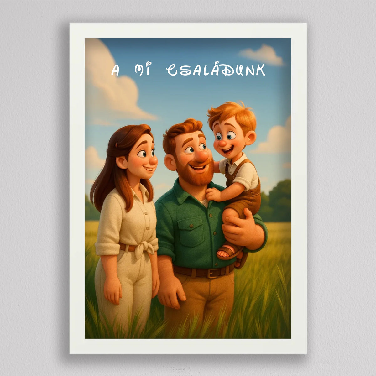 Családi portré mesefilmes hangulatban fehér keretben, nyári mezőn álló rajzolt család, fent fehér betűs felirat