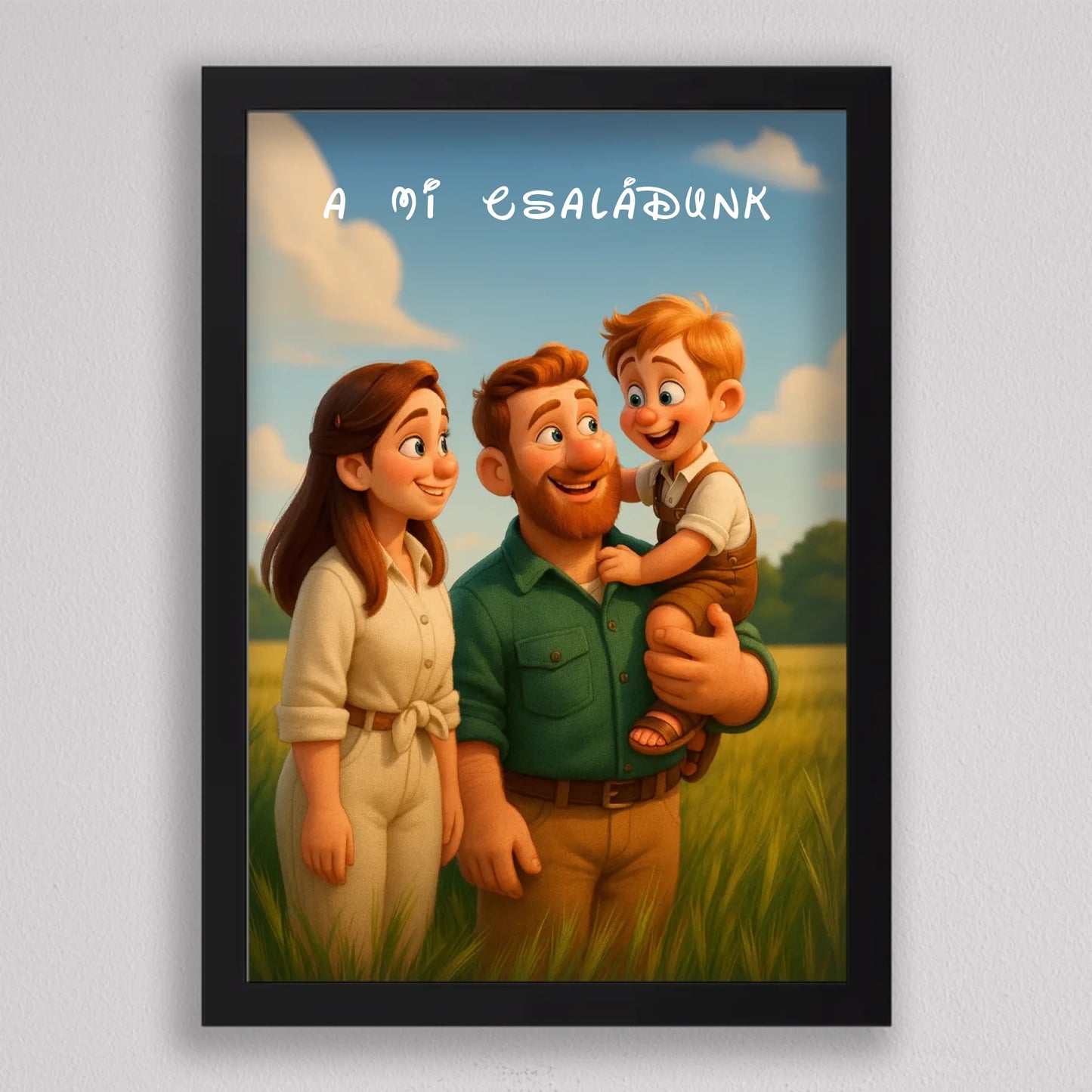 Pixar stílusú családi falikép mesterséges intelligencia (AI) által létrehozott