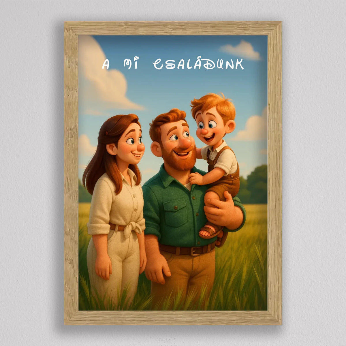 Rajzfilmes családi kép tölgyfa hatású keretben, barna hajú anya, szakállas apa zöld ingben és nevető kisfiú kék ég alatt