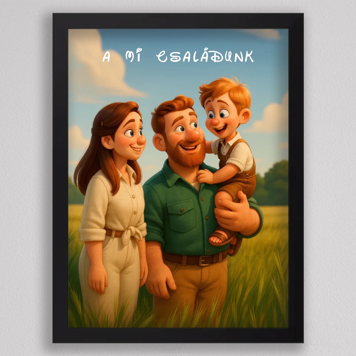 Pixar stílusú családi falikép mesterséges intelligencia (AI) által létrehozott