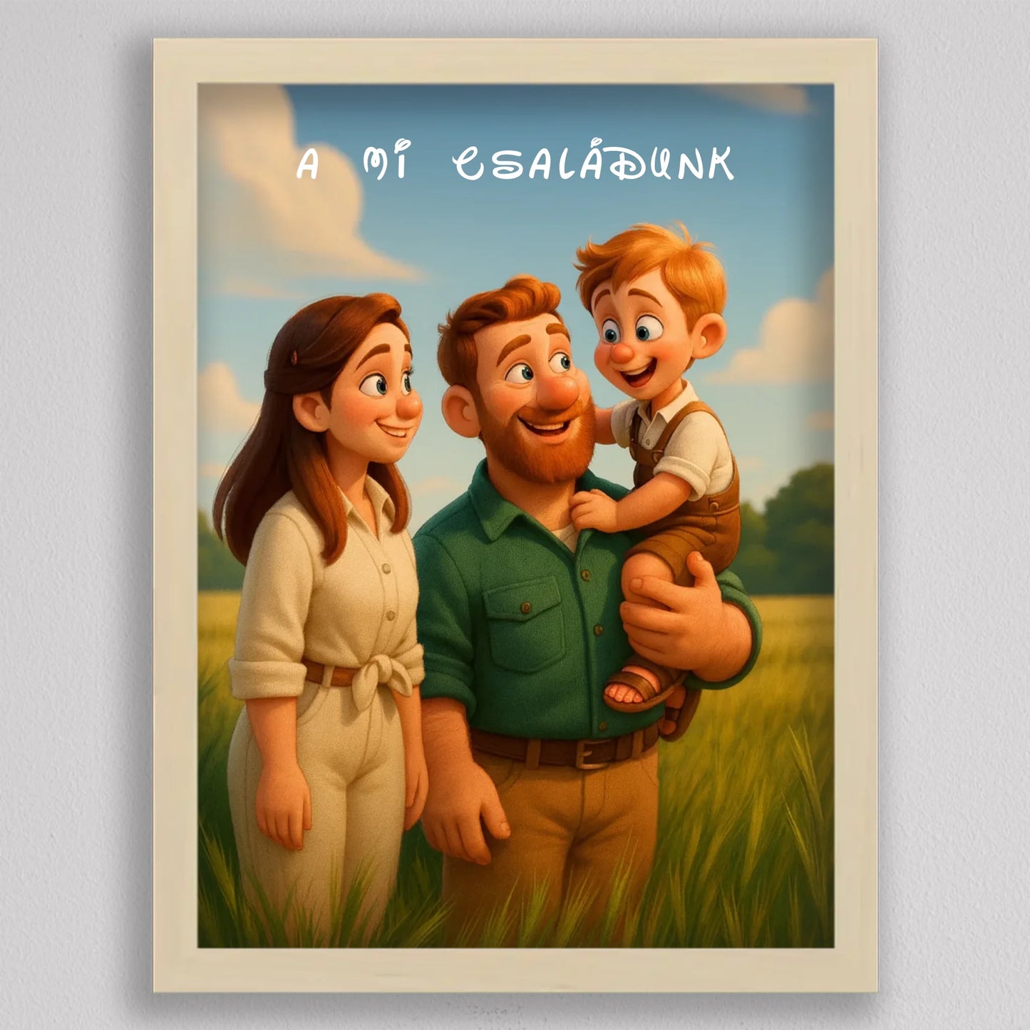 Pixar stílusú családi falikép mesterséges intelligencia (AI) által létrehozott