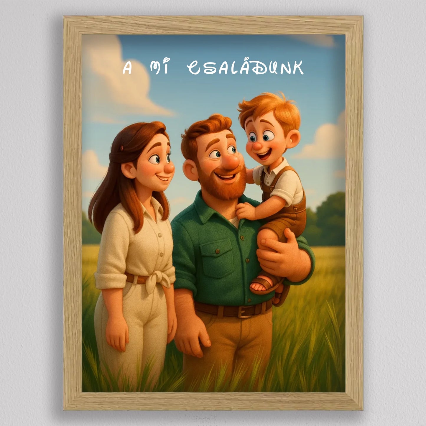 Pixar stílusú családi falikép mesterséges intelligencia (AI) által létrehozott