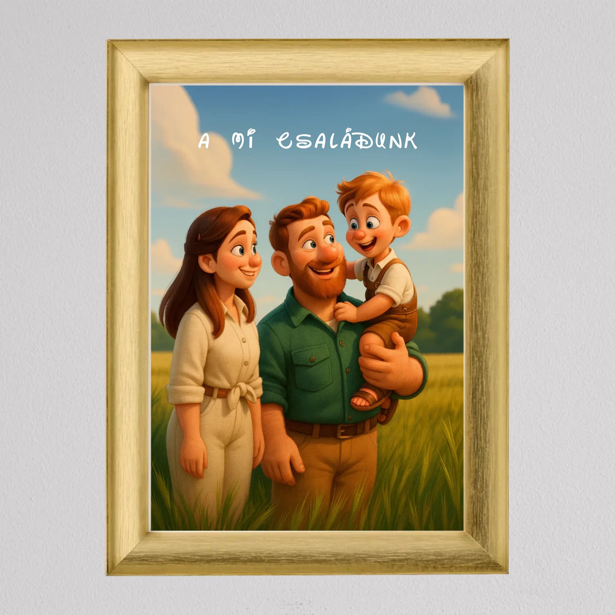 Családi portré mesefilmes hangulatban arany keretben, pár a mezőn, apa a karján tartja a kisfiát, felül A MI CSALÁDUNK