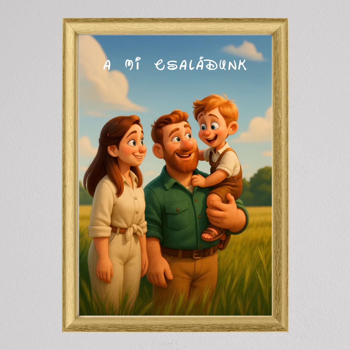 Mesefilmes családi falikép arany keretben, barna hajú anya, szakállas apa zöld ingben és nevető kisfiú kék ég alatt