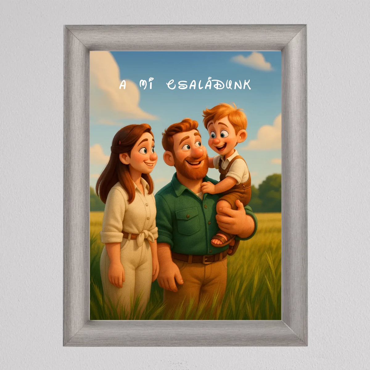 Rajzfilmes családi kép ezüst keretben, vörös hajú kisfiú az apja karján, mellettük mosolygó anya