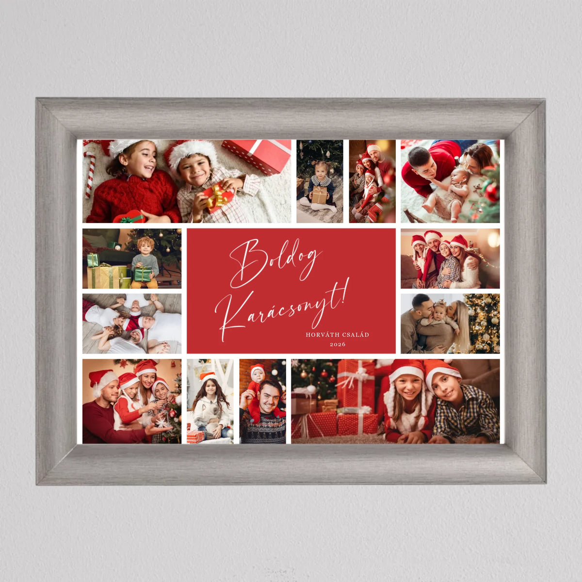 Ünnepi fotókollázs piros felirattal ezüst keretben, különböző méretű fotók keretként a felirat körül