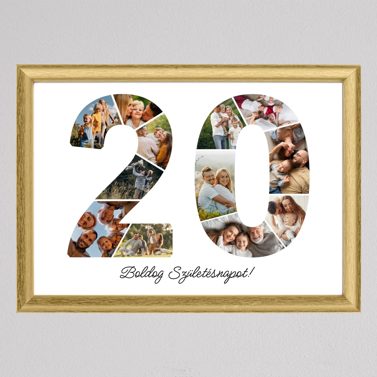 20-as számos fotókollázs arany keretben, fehér alapon 20-as szám fotókból, alatta születésnapi felirat