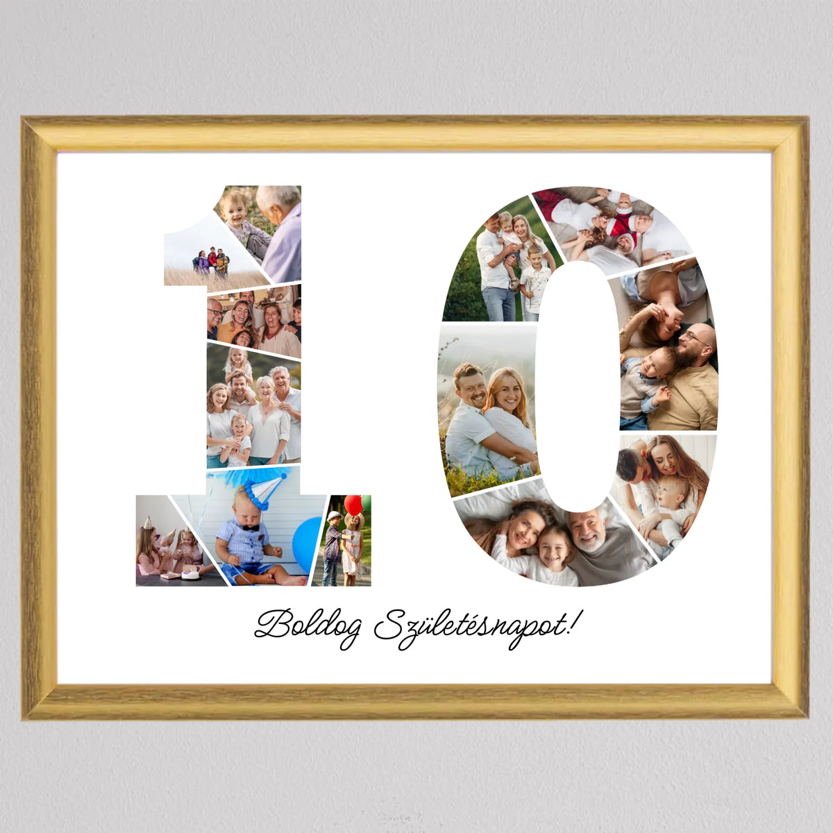 Számos falikép 10. évfordulóra arany keretben, az egyesben kisfiú kék születésnapi sapkában, a nullában ölelkező pár