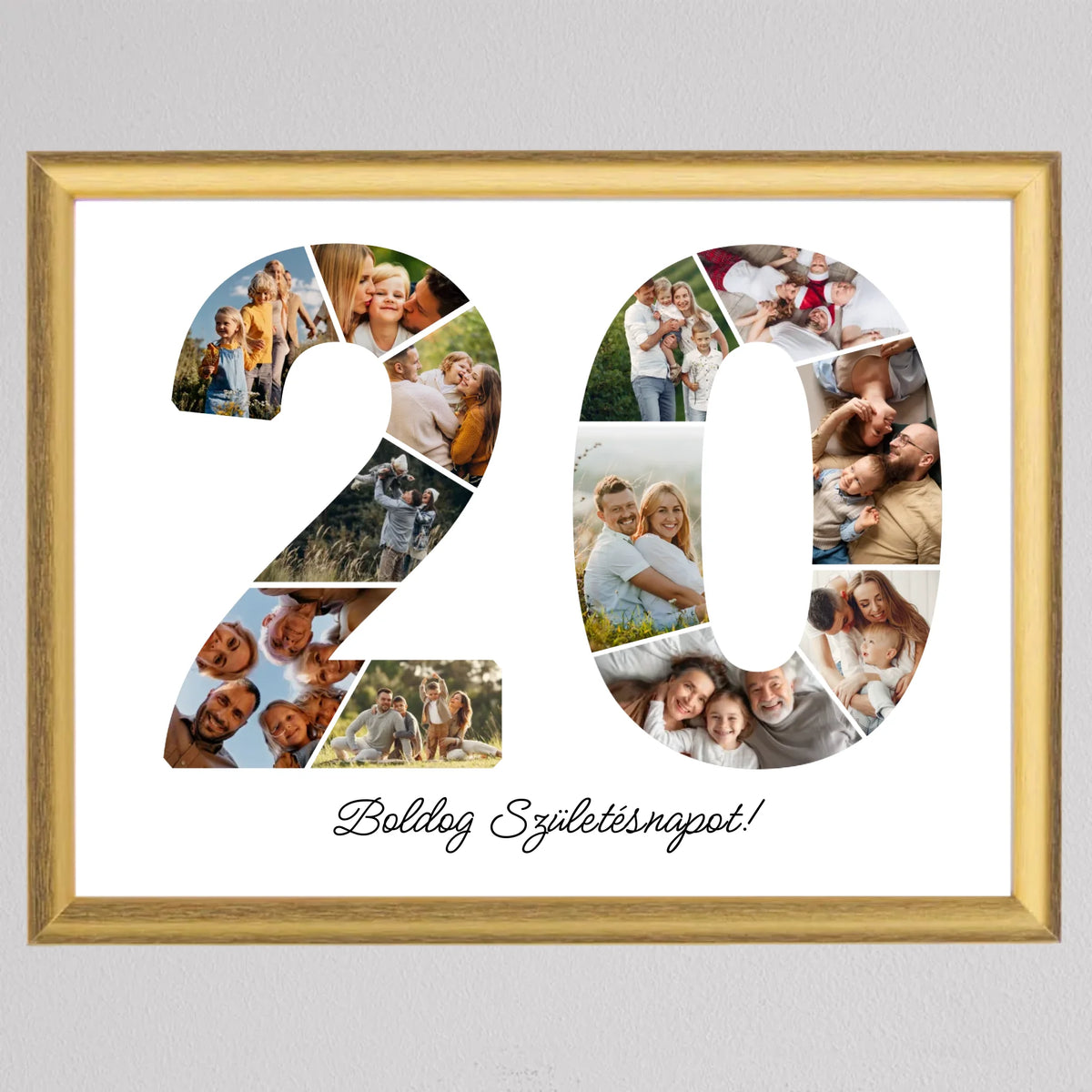 Számos falikép 20. születésnapra arany keretben, a kettesben családi kirándulások, a nullában ölelkező családok