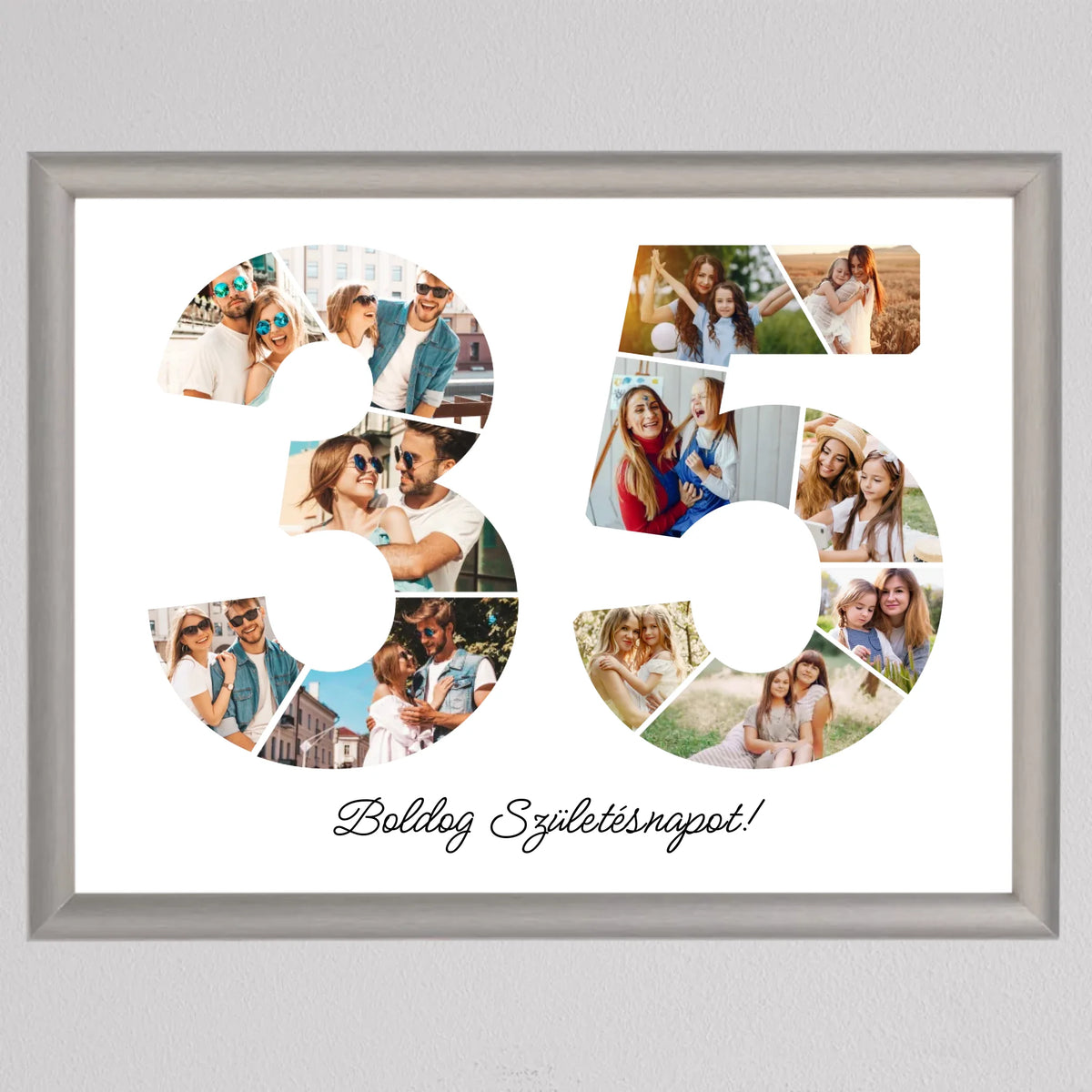 35-ös születésnapi fotókollázs ezüst keretben, páros és családi mintafotókkal, alul Boldog Születésnapot felirat
