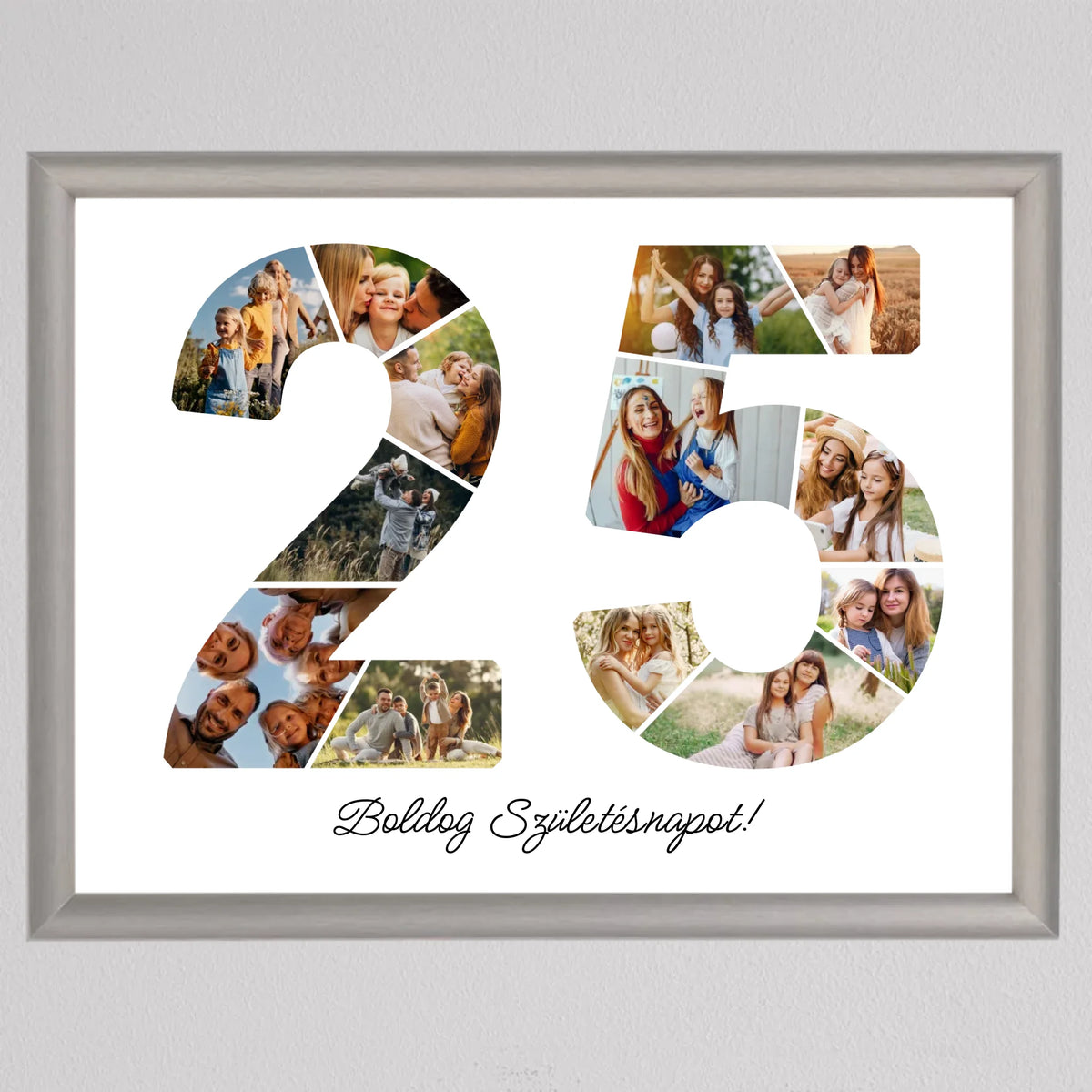25-ös születésnapi fotókollázs ezüst keretben, a kettesben szülők kisgyerekkel, alul születésnapi felirat