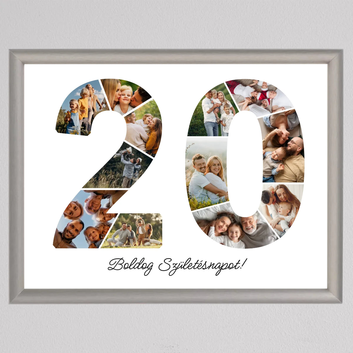 20-as születésnapi fotókollázs ezüst keretben, 12 mintafotó a 20-as számban, alul Boldog Születésnapot
